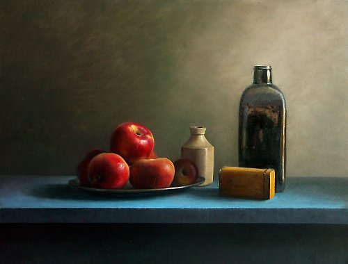 Still life with bottle and apples